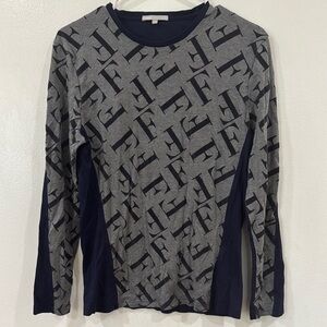 Gray and Black Graphic Long Sleeve Fitted Tee